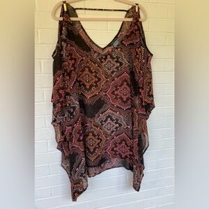 EUC BCBGMaxAzria Paisley Asymmetrical Cold Shoulder Sheer Blouse Tunic Poncho XS